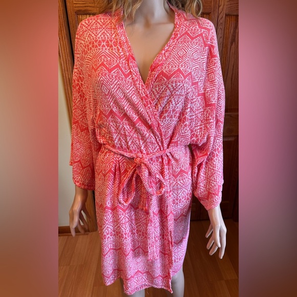 Pink Blush Womens Medium Duster Robe Geometric Color Barber Pink Tie Belt - Picture 9 of 12